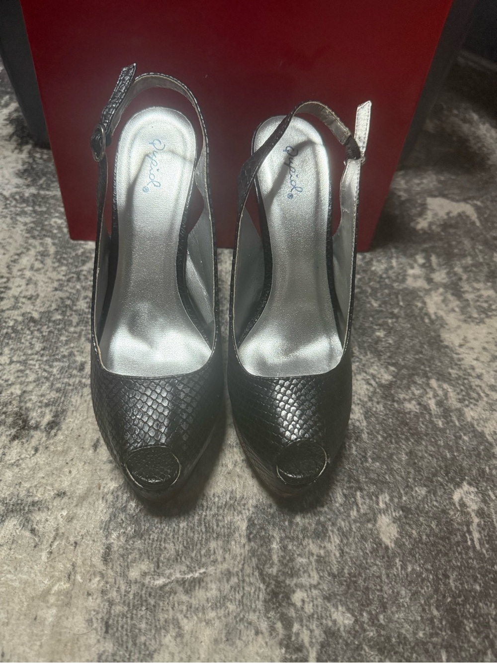 Qupid Black Textured Peep-Toe Slingback Heels
